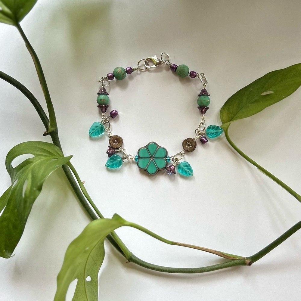 Handmade Turquoise and Purple Flower Bracelet